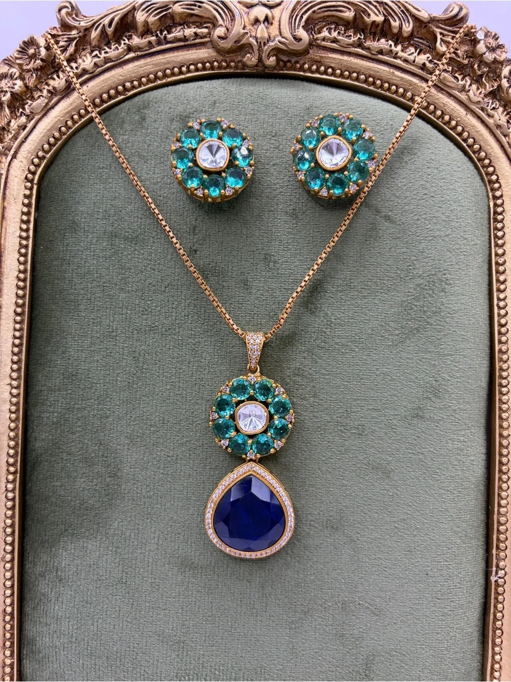 Gold-Tone Crystal Necklace Set with Emerald Green - Sapphire Blue Doublet Stone